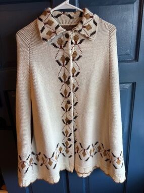 Cream Knit Women's Cardigan Sweater with Geometric Trim